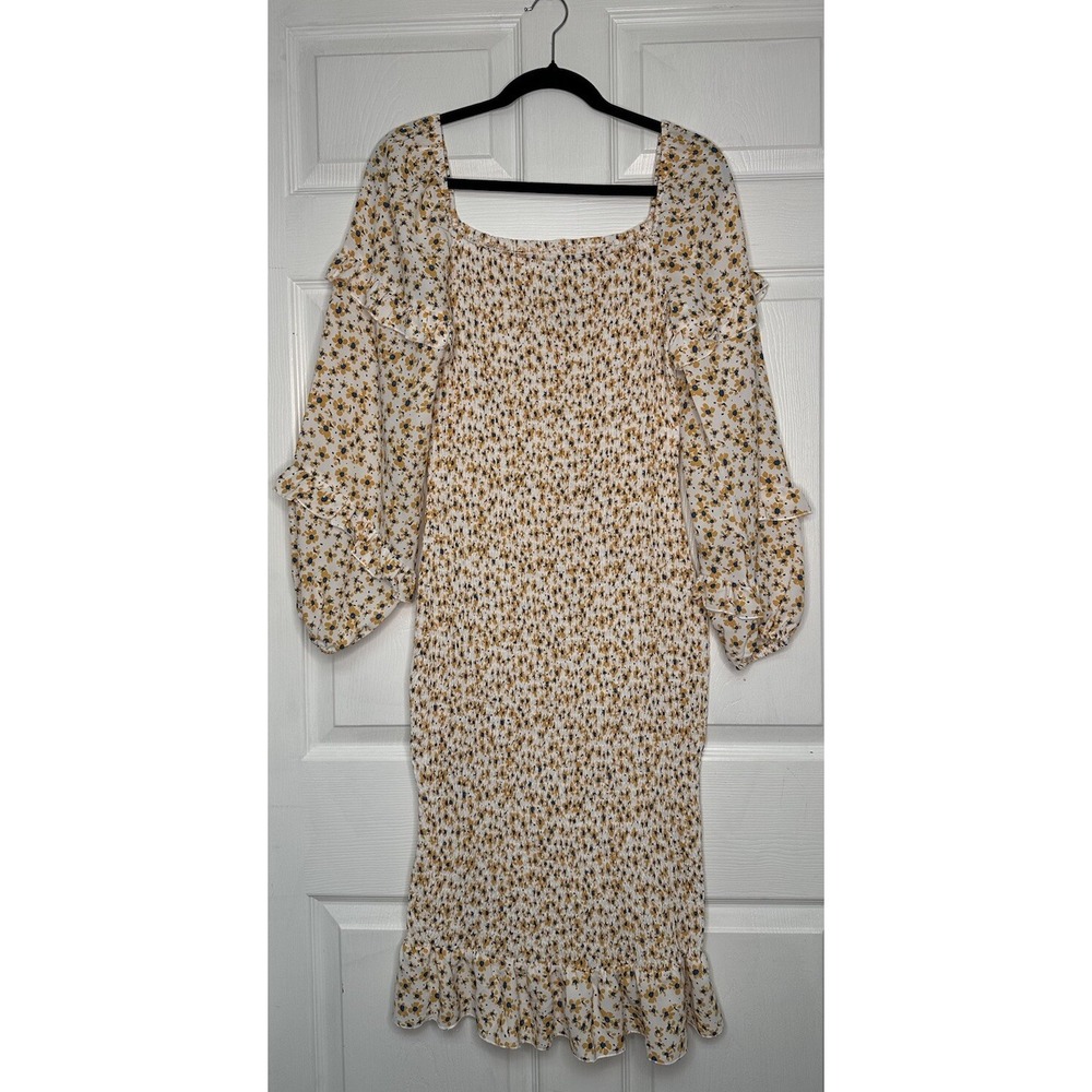 Pretty Garden Yellow Womens M Dress Midi Floral Smocked Cottage core Peasant